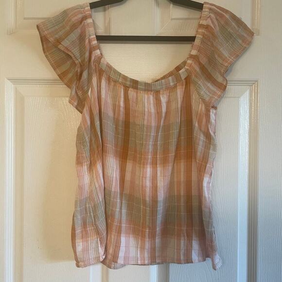 Lucky Brand Emily Plaid Short Flutter Sleeve Shirt Top Size L - Picture 2 of 10